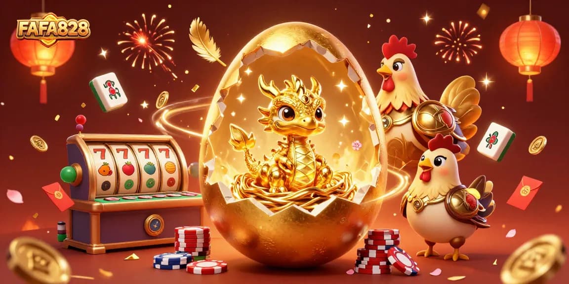 Experience the excitement of FAFA828 with a dazzling illustration of a golden dragon and casino elements.