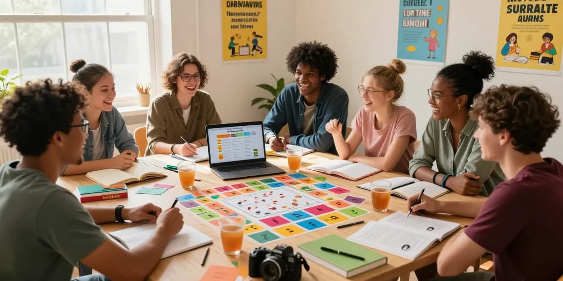 Gruppenspaß beim Quiz Allgemeinwissen mit Freunden, Lernmaterialien und Snacks auf dem Tisch.