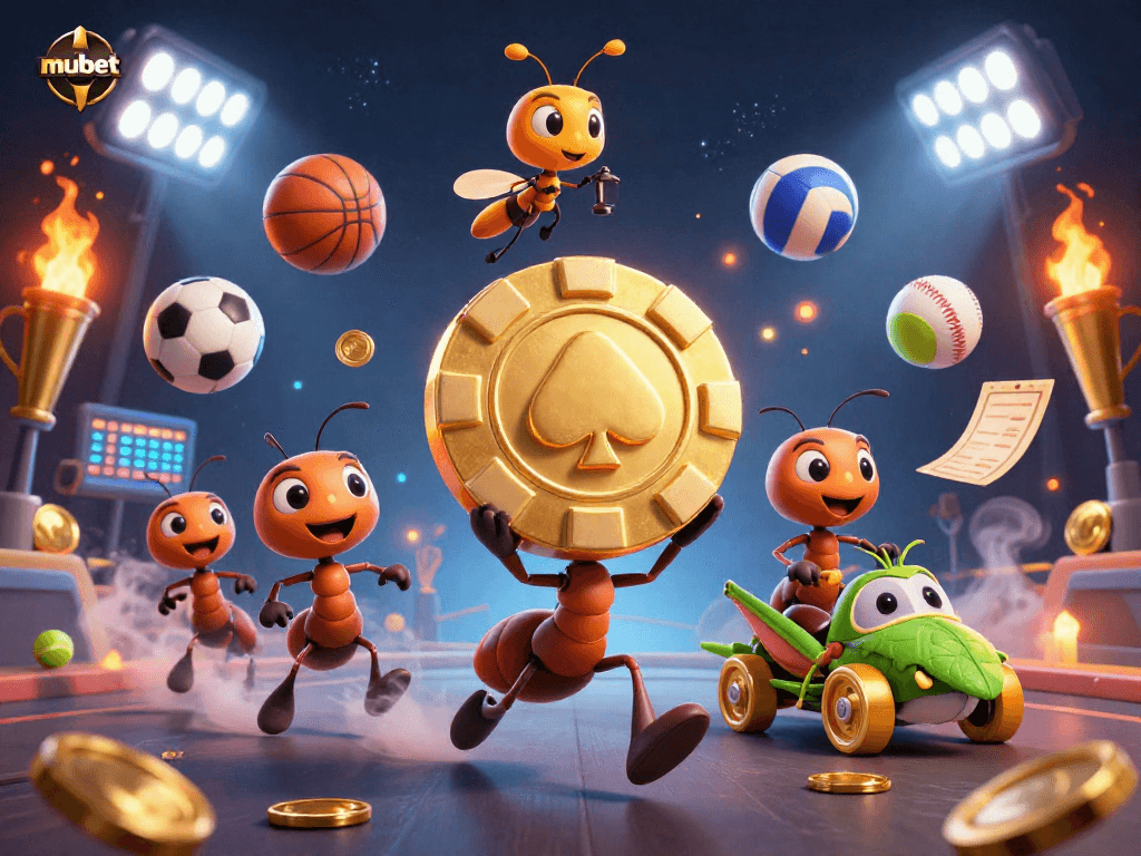 Experience thrilling moments with mubet as ants carry a giant poker chip in this vibrant 3D casino scene.