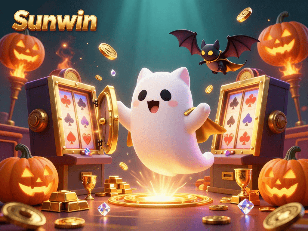 Sunwin players enjoy vibrant slots and jackpots through a ghost cat's casino adventure, surrounded by treasures.