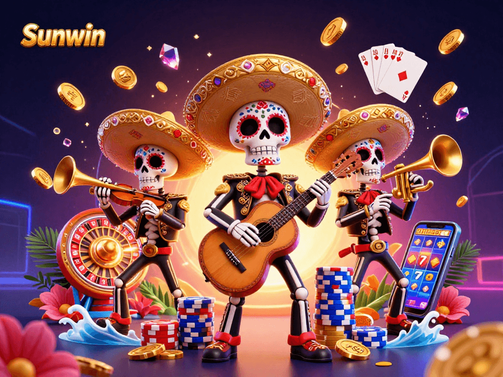 Sunwin showcases a vibrant mariachi band amidst golden coins, roulette wheel, and slot reels for an exciting casino experience.