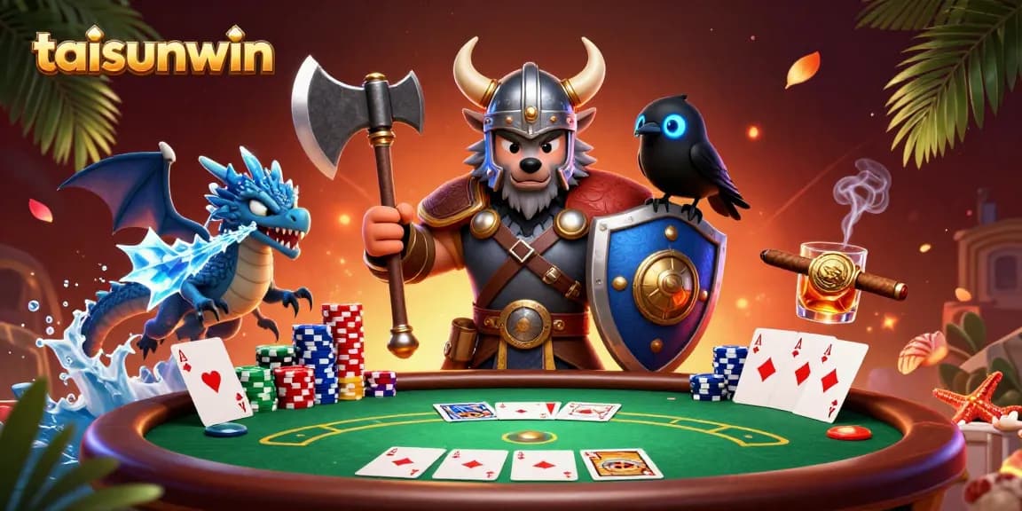 Experience thrilling action with taisunwin's Viking warrior battling at a poker table.