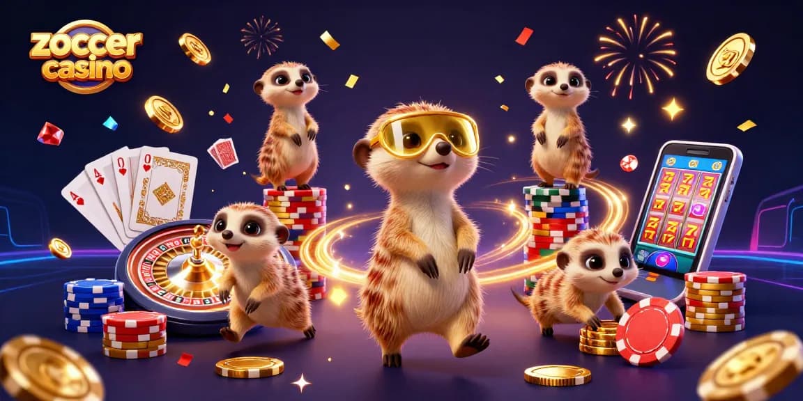 Experience excitement with zoccer casino as meerkats run a vibrant casino surrounded by flying coins and cards.