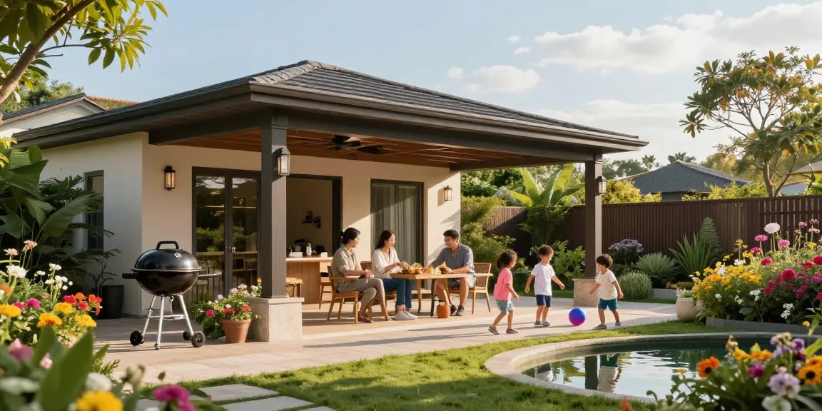 Gemütliche Familie unter einer freistehenden Terrassenüberdachung im Garten mit Blumen und ruhigem Teich.