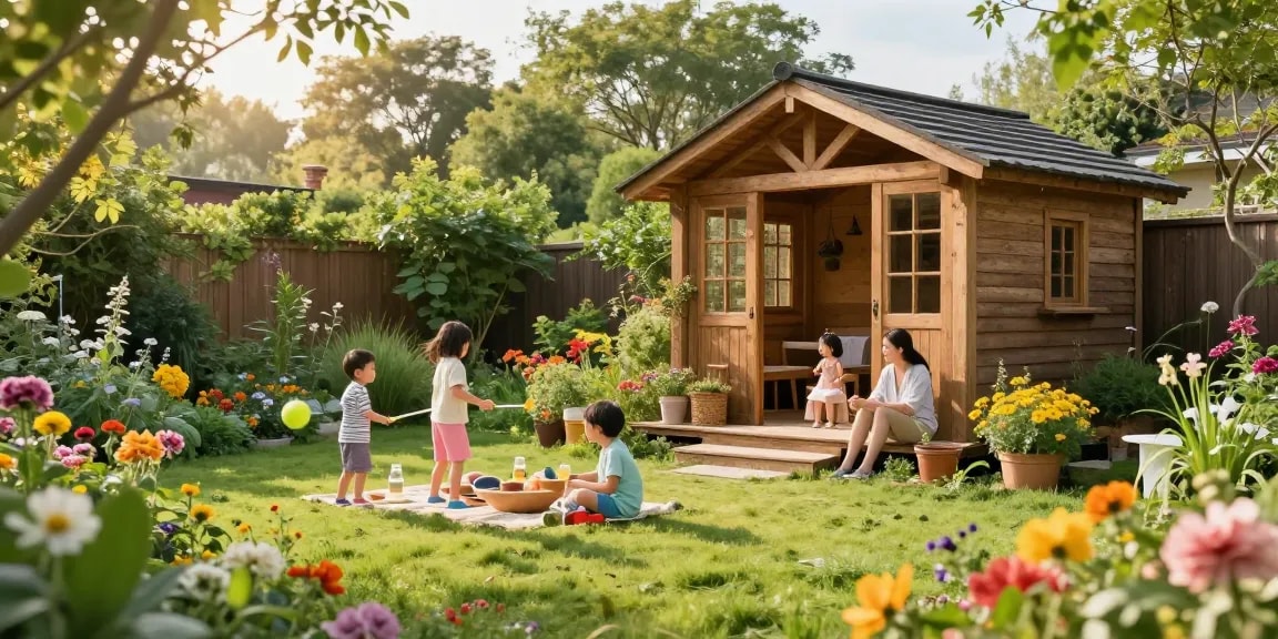 Schönes Gartenhaus Holz in einem einladenden Garten mit fröhlichen Familienaktivitäten.