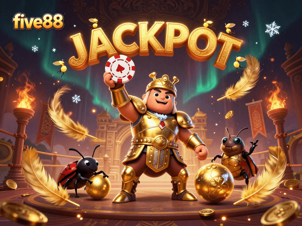 Experience the excitement of five88 with a victorious beetle and gold elements in a dynamic casino scene.