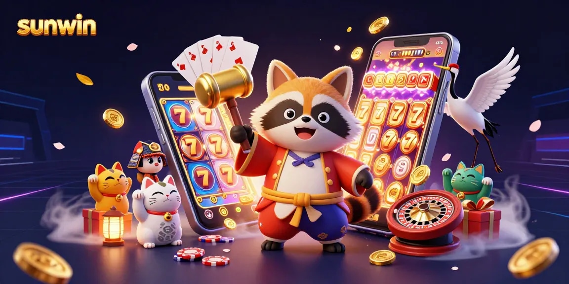 Join the fun at sunwin with a vibrant scene of a lucky tanuki and friends amidst dynamic casino elements.
