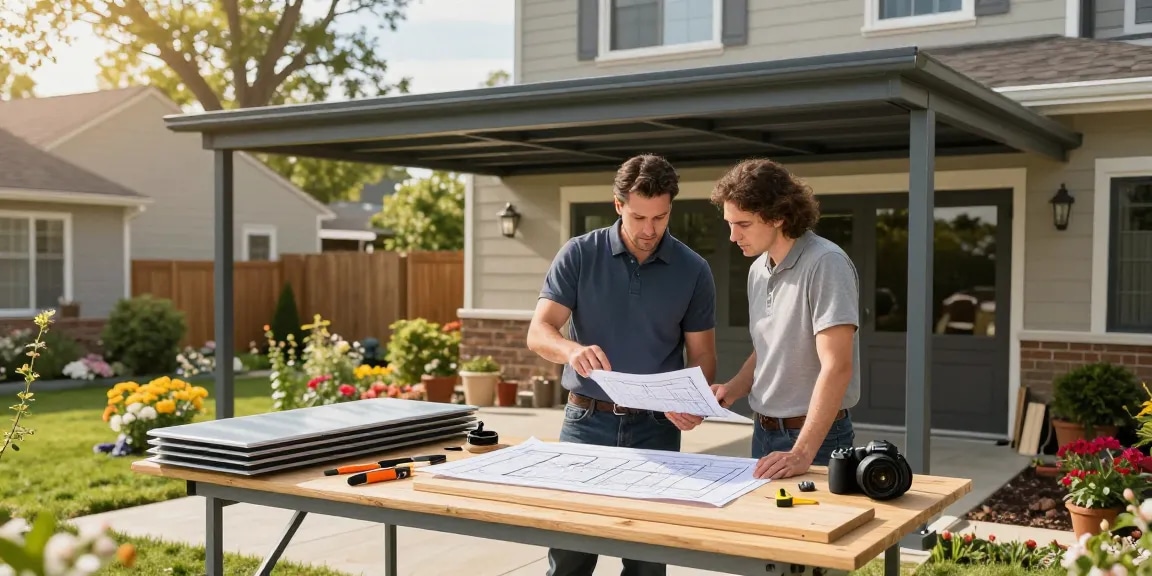 Moderne Carport-Installation mit Handwerker und Hausbesitzer im Garten.