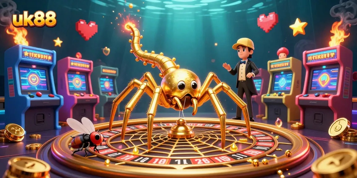Experience thrilling bets at uk88 with a golden web roulette design featuring a spider and croupier.
