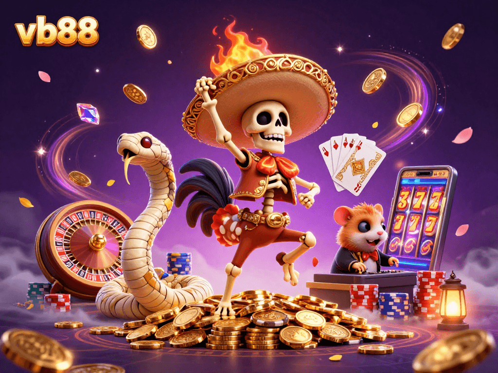 vb88 showcases a vibrant casino party with characters celebrating amidst golden coins and games.