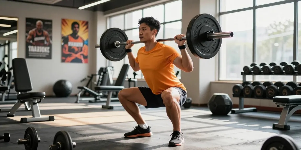Ein sportlicher Athlet im Unique Pharma Shop beim Krafttraining mit Gewichten in einem modernen Fitnessstudio.
