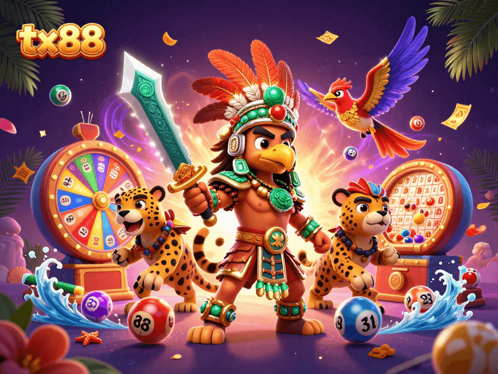 Experience winning with tx88 in a vibrant 3D illustrated casino scene bursting with energy.