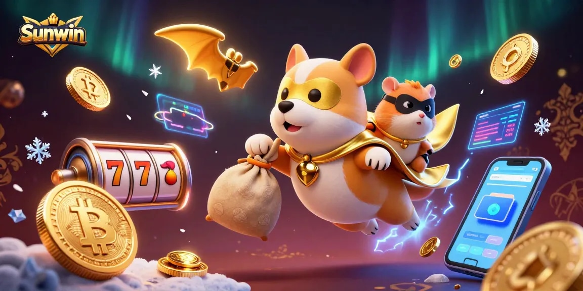 Experience thrilling gaming at Sunwin with a superhero dog flying amidst glowing coins and slot symbols.