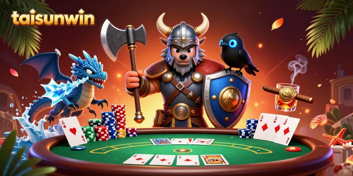 Experience thrilling action with taisunwin's Viking warrior battling at a poker table.