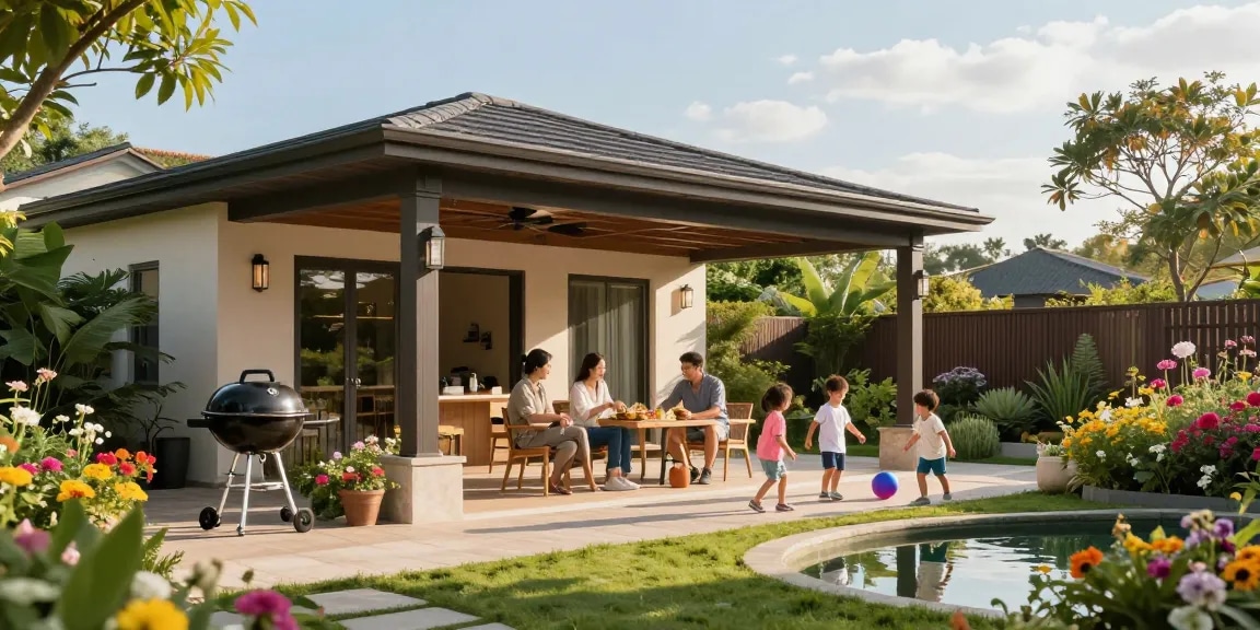 Gemütliche Familie unter einer freistehenden Terrassenüberdachung im Garten mit Blumen und ruhigem Teich.