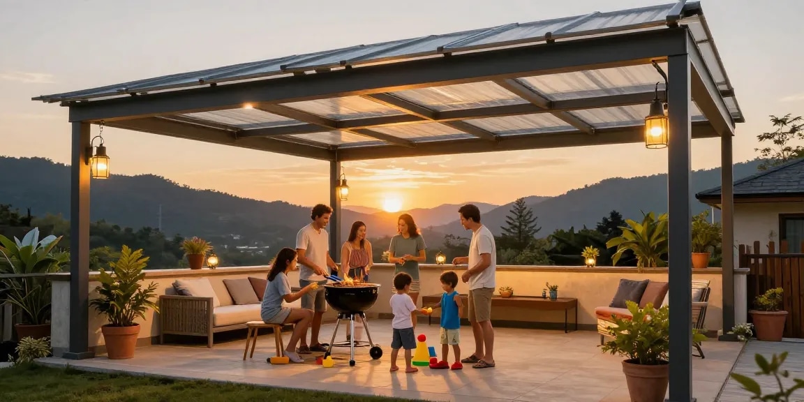 Moderne Terrassenüberdachung mit Familie beim Grillen und warmen Lichtern.