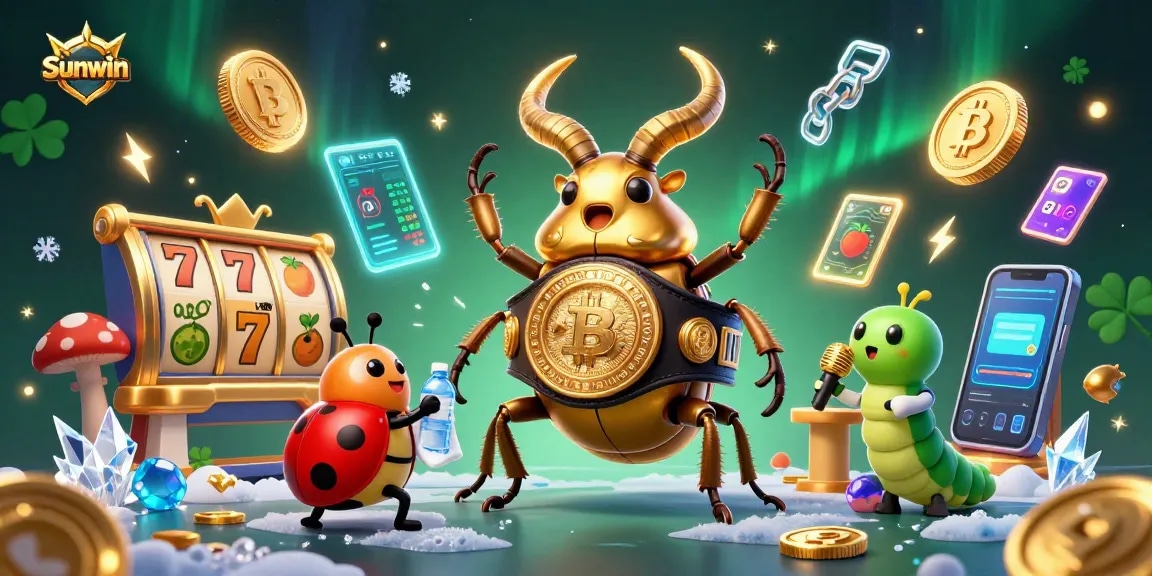 Engage in thrilling gameplay with Sunwin's vibrant 3D casino featuring slot reels and exciting characters.
