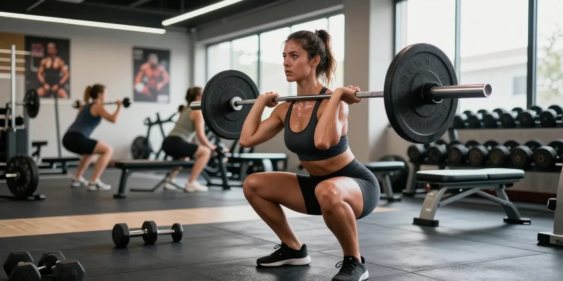 Die athletische Frau, die mit Deus Medical Steroiden trainiert, zeigt Entschlossenheit im modernen Fitnessstudio.
