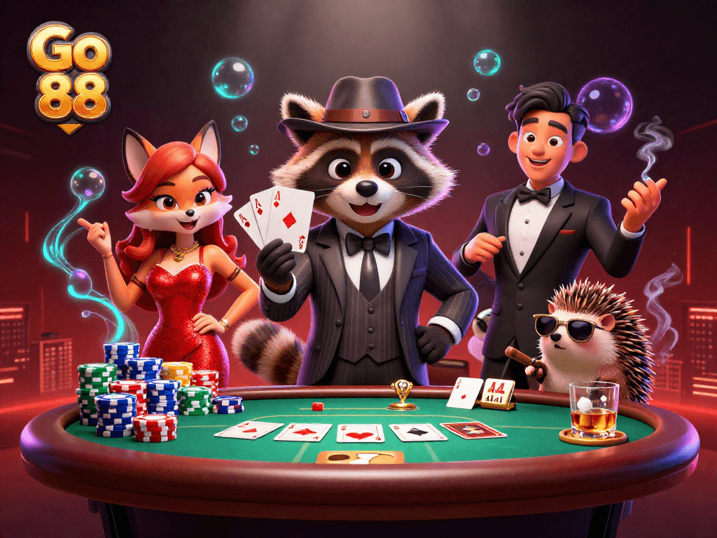 Engage in thrilling gameplay at Go 88 with a raccoon, fox, and hedgehog in a dynamic casino scene.