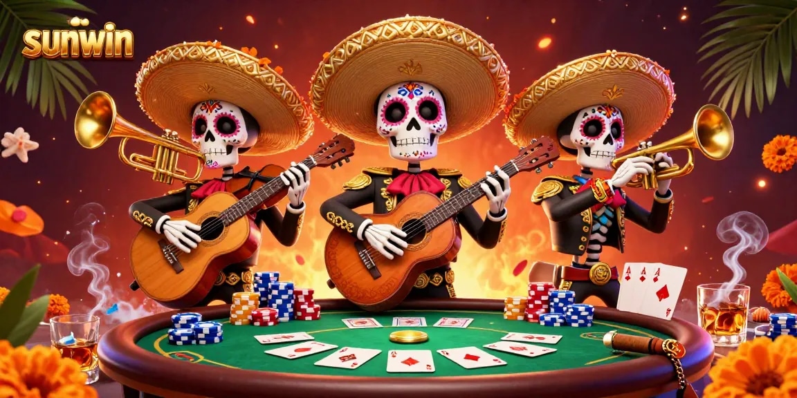 Engage with sunwin's vibrant Day of the Dead poker scene featuring mariachi skeletons.