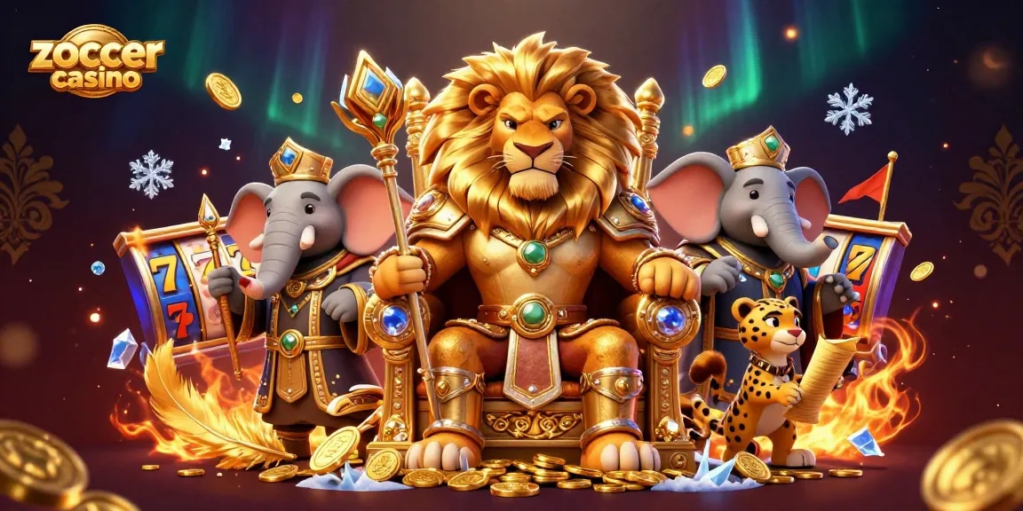 Zoccer casino unleashes excitement with a fierce lion king and dynamic gaming elements in a lavish scene.