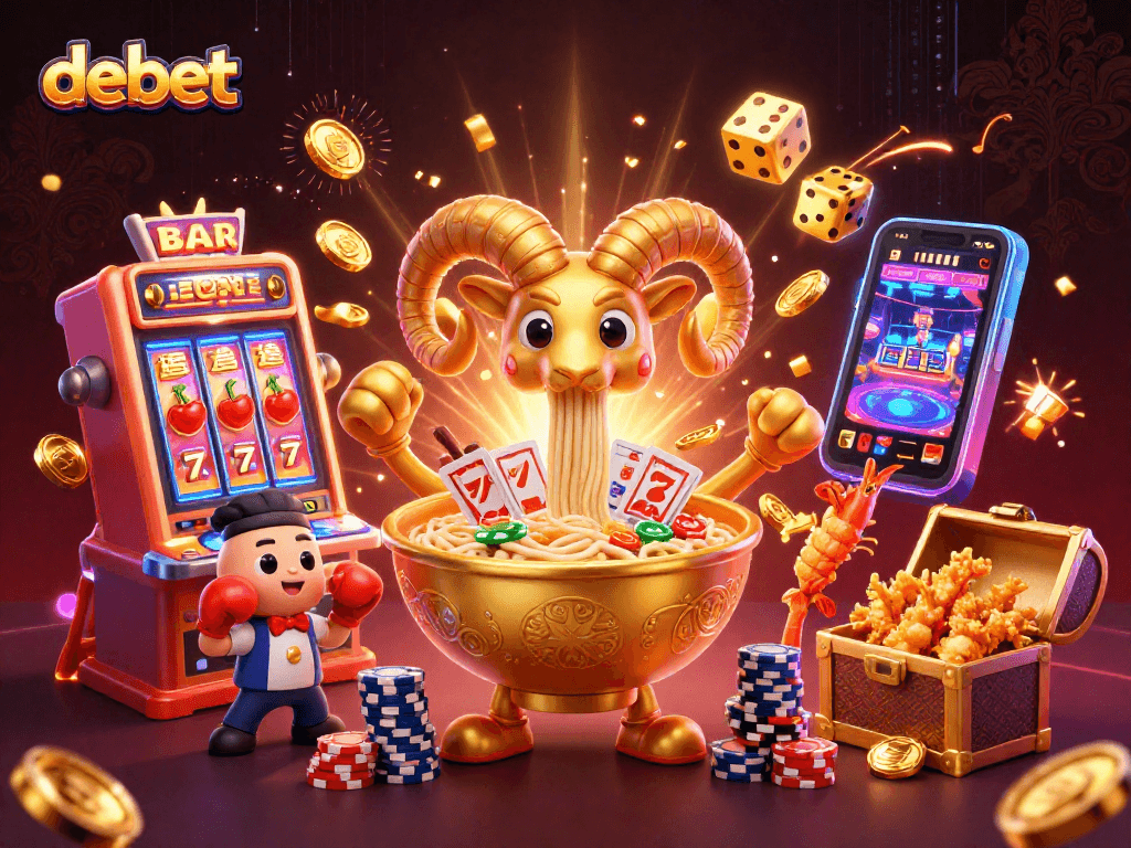 Experience winning moments at DEBET with a dynamic scene of gaming excitement, featuring colorful characters and vibrant casino elements.