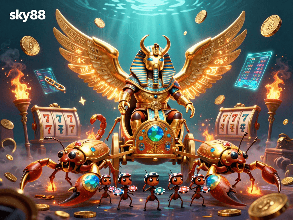 Engage with thrilling games at sky88 featuring a colossal golden scarab and exciting slot elements.