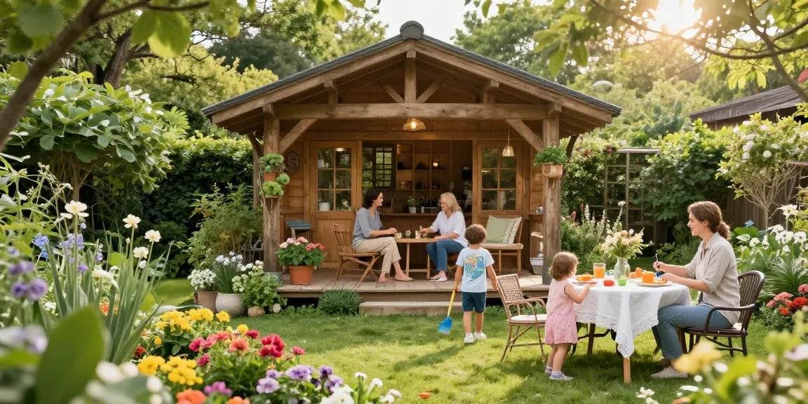Wunderschönes Gartenhaus in einem einladenden Garten mit blühenden Blumen und spielenden Kindern.