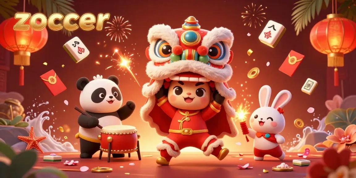 Experience zoccer's thrilling casino scene with a vibrant lion dance, surrounded by festive elements.