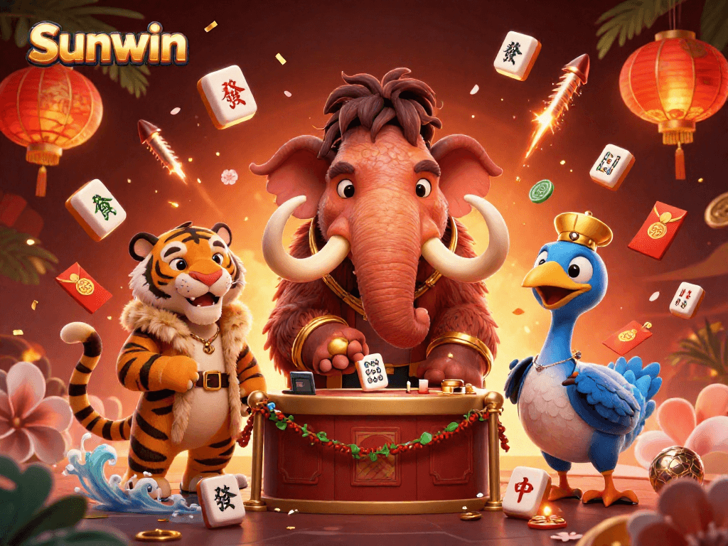 Engage with Sunwin at a vibrant casino scene featuring unique characters and festive elements.