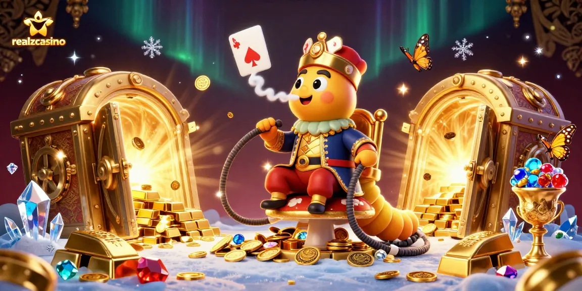 Erlebe die aufregende Welt von realzcasino mit einer lebendigen 3D-Illustration von Glücksspielsymbolen und Reichtümern.