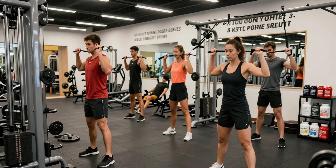 Anabolika Shop: Fitnessbegeisterte im modernen Trainingsstudio mit motivierender Atmosphäre und inspirierenden Zitaten.