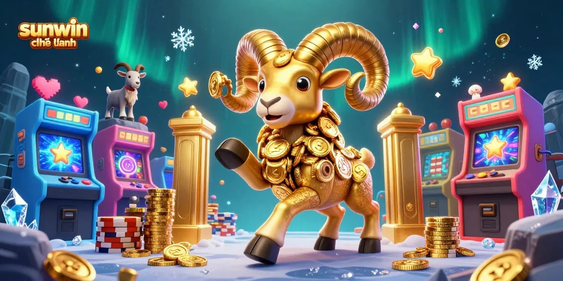 Engage in thrilling gameplay at sunwin chính hãng with a gold ram charging towards victory among arcade machines.