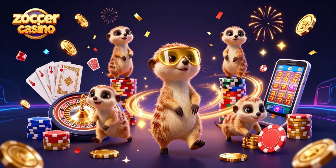 Experience excitement with zoccer casino as meerkats run a vibrant casino surrounded by flying coins and cards.
