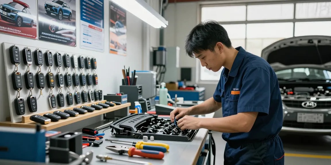 Techniker arbeitet an Autoschlüsseln und Lösungen für Hyundai und Kia, zeigt bitte schön Expertise.
