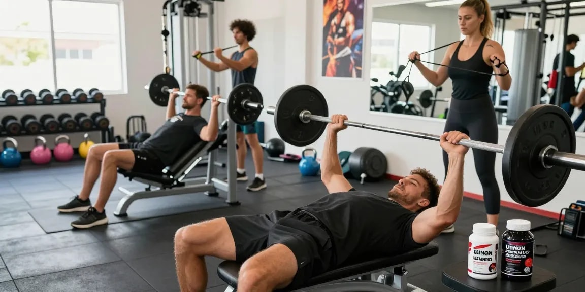Trainingsszene mit Utinon-Steroiden in einem modernen Fitnessstudio, starke Athleten bei Übungen.