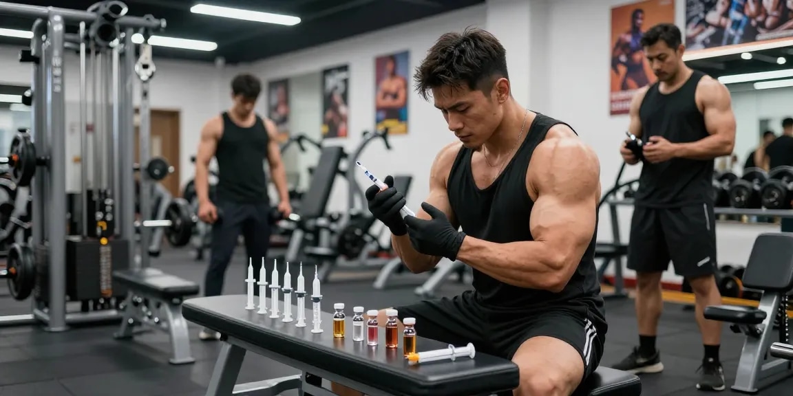 Fitness-Training im Anabolika Shop mit Demonstration der korrekten Injektionstechniken für Steroide.