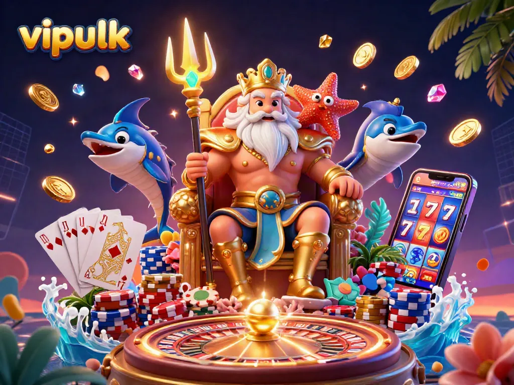 Experience thrilling game moments with vipluck, featuring Neptune, treasure, and dynamic casino elements.