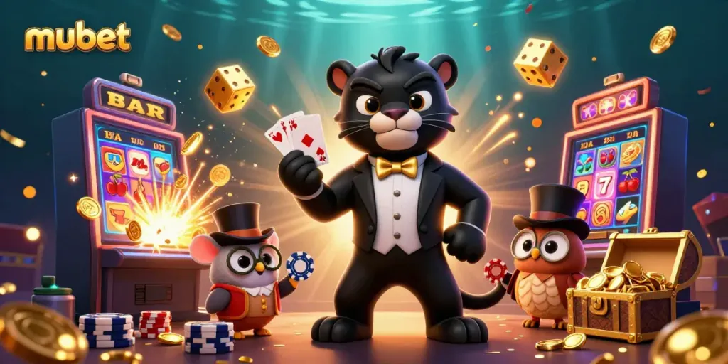 Experience the thrill of winning with Mubet's vibrant casino scene featuring a tuxedo-clad panther and lucky characters.