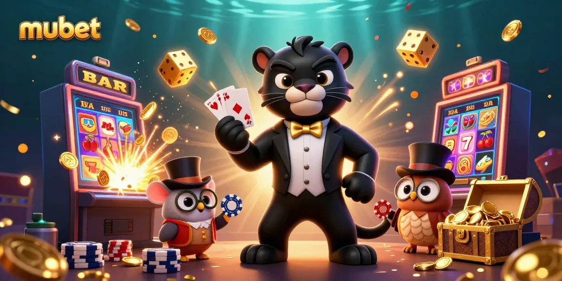 Experience the thrill of winning with Mubet's vibrant casino scene featuring a tuxedo-clad panther and lucky characters.