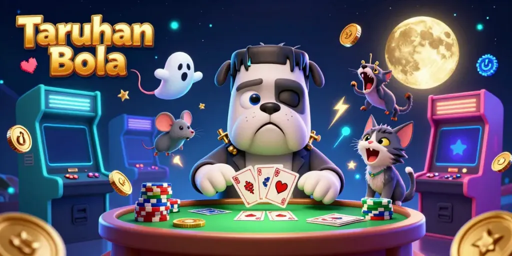 Engage in Taruhan Bola with a Frankenstein bulldog dealer in a spooky casino scene.