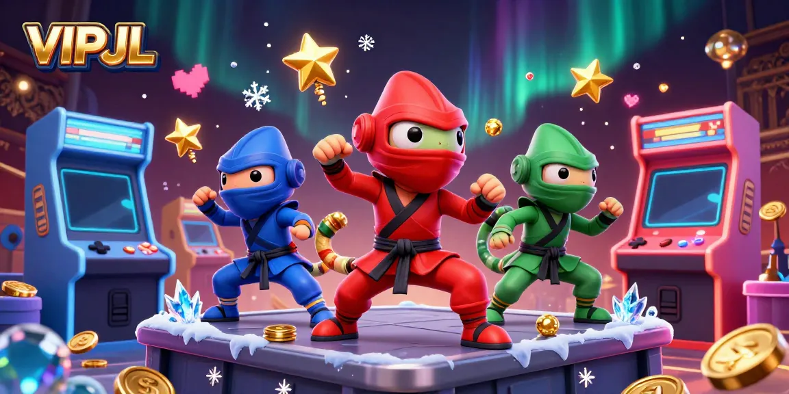 Engage in exciting gaming action with VIPJL's ninja chameleons in a vibrant casino scene.