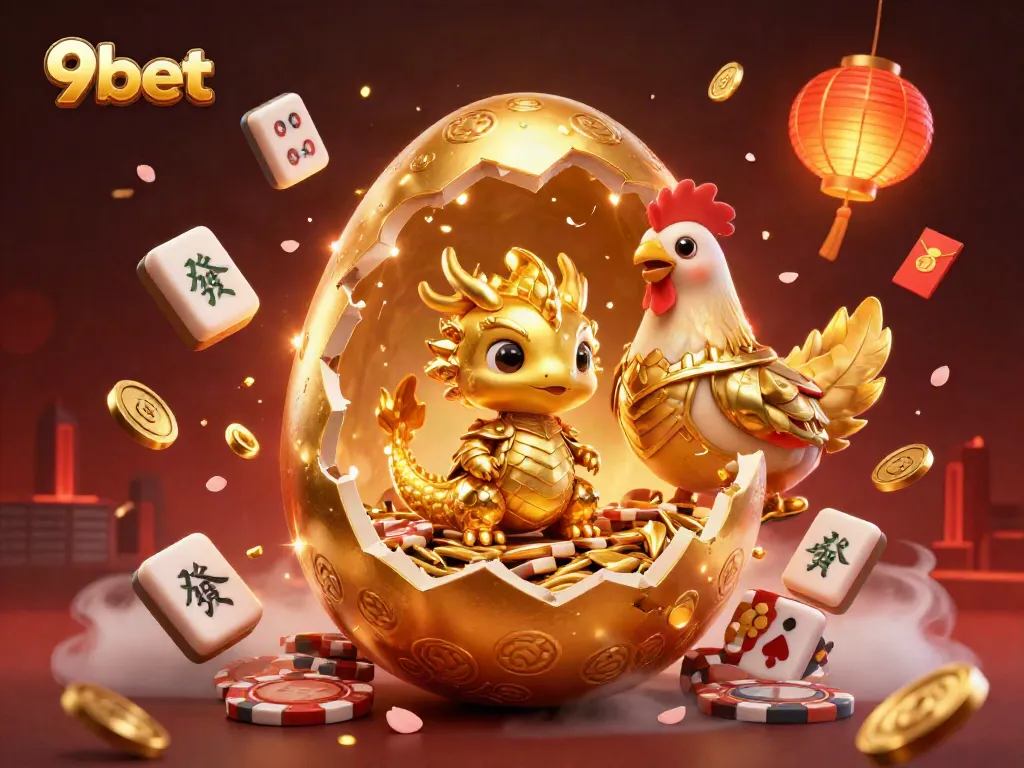 Experience the thrill of 9bet with a golden dragon and poker chips, surrounded by vibrant casino elements.