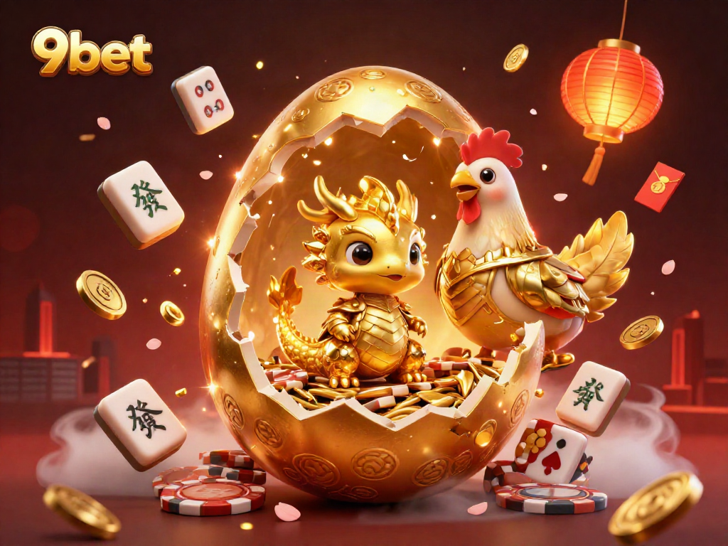 Experience the thrill of 9bet with a golden dragon and poker chips, surrounded by vibrant casino elements.