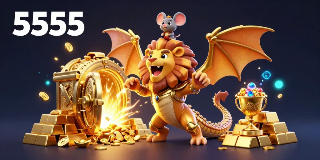 Experience the thrill of 5555 with a triumphant chimera and treasure backdrop in this animated casino scene.