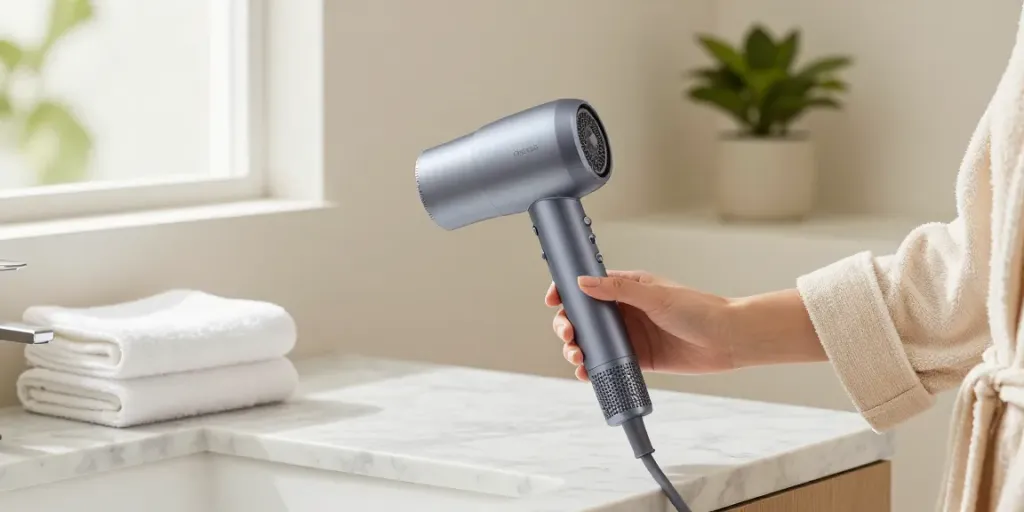 Stylischer Ionen Föhn auf einem Marmortisch mit weichen Handtüchern und Pflanze im Badezimmer.