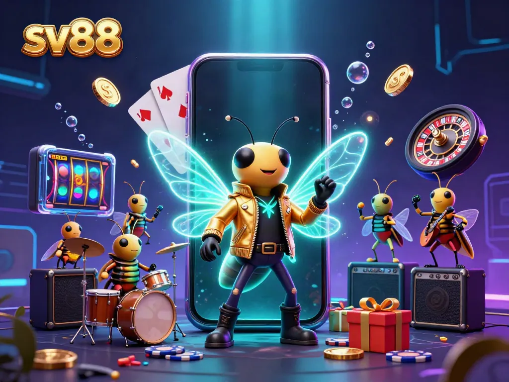 Engage in sv88's vibrant gaming adventure featuring an electrifying rock star and dynamic casino elements.