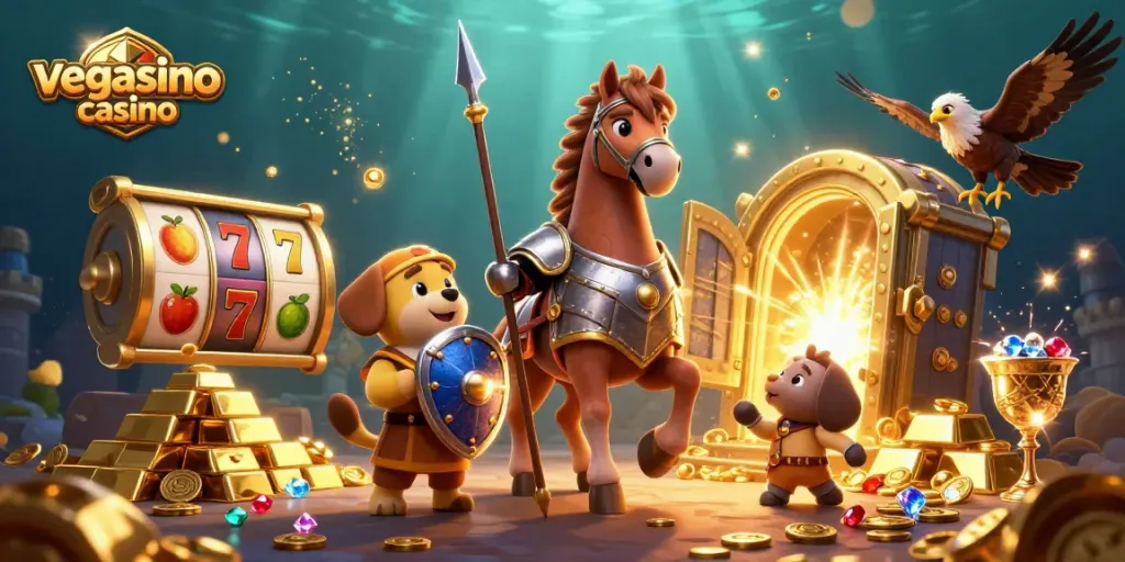 Experience thrilling moments at vegasino casino with a knight, squire, and falcon surrounded by slot game elements.