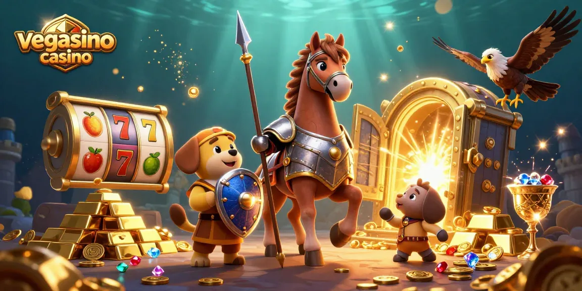 Experience thrilling moments at vegasino casino with a knight, squire, and falcon surrounded by slot game elements.