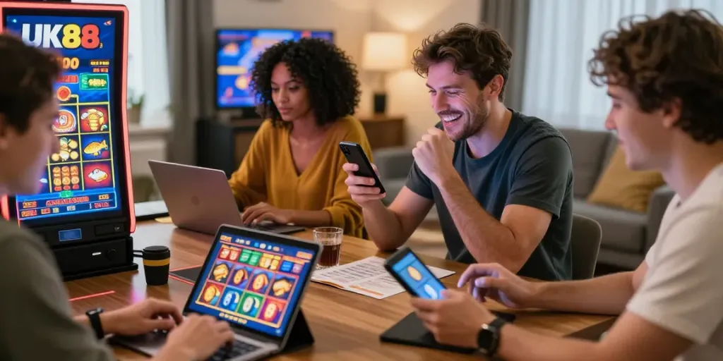 Engaged players on the UK88 platform celebrating wins in an inviting home gaming atmosphere.